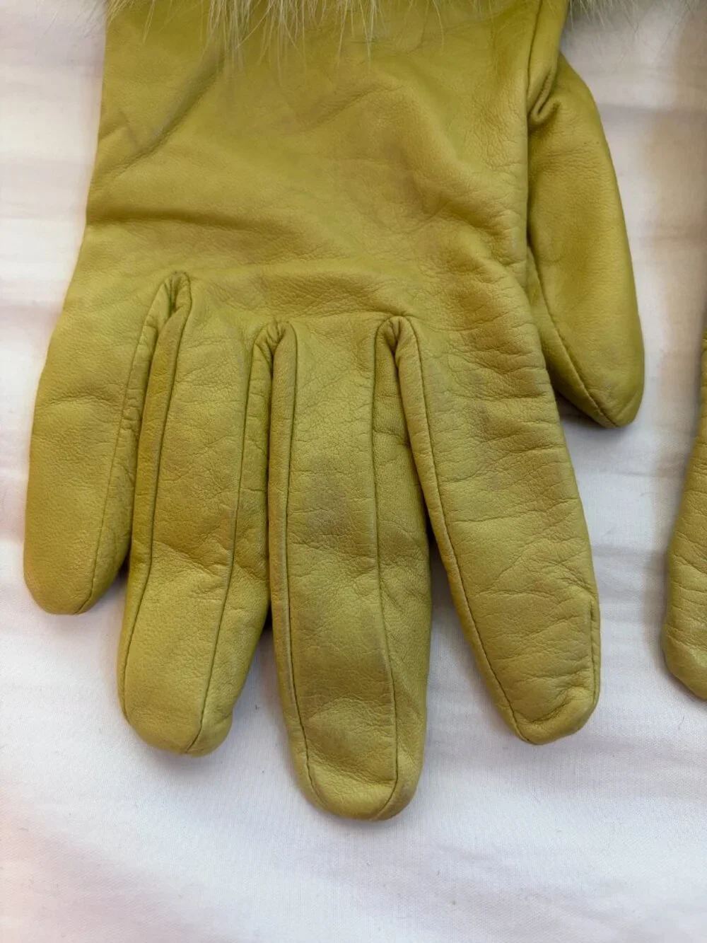 Genuine Leather Vintage Lime Green Wool Blend Fur Cuff Winter Gloves